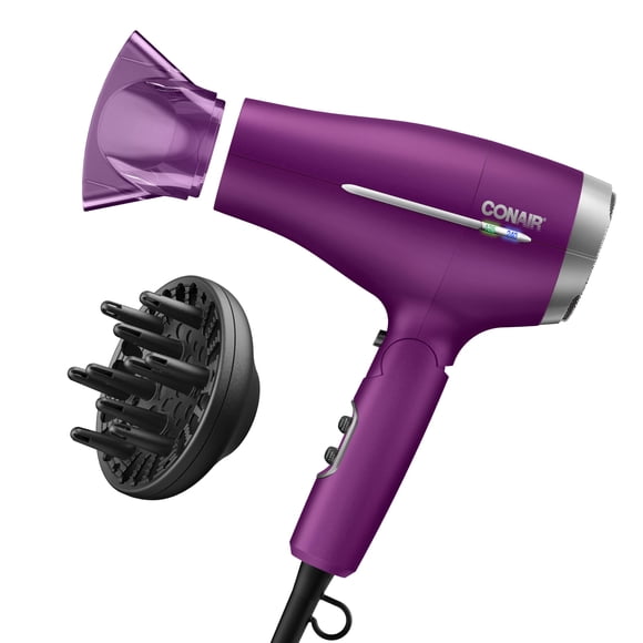 Secador de pelo Conair, ideal para viajes internacionales, con tecnología de voltaje inteligente y mango plegable, incluye difusor y concentrador, color morado.
