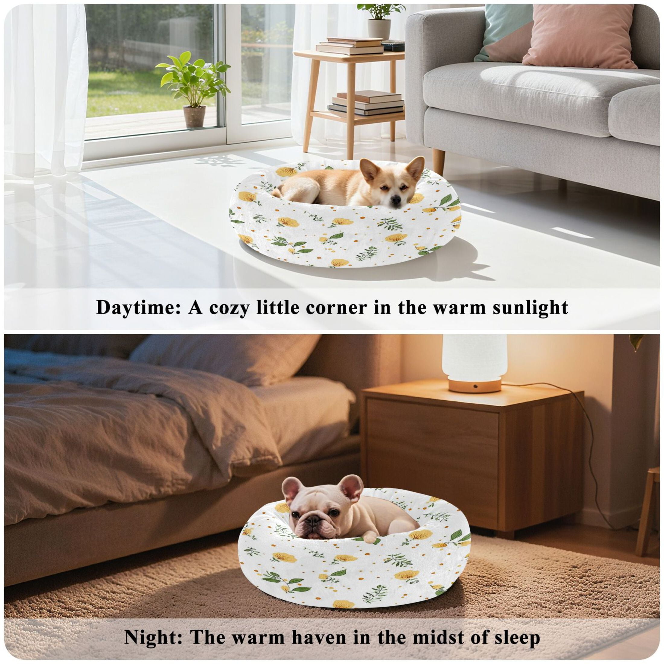 Iauyy Pet Couch Donut Cat Bed for Indoor Cats/Small Dogs Washable & Machine with Non-slip Bottom Calming Cat Furniture, Greenish Small Spots and Orange (M)
