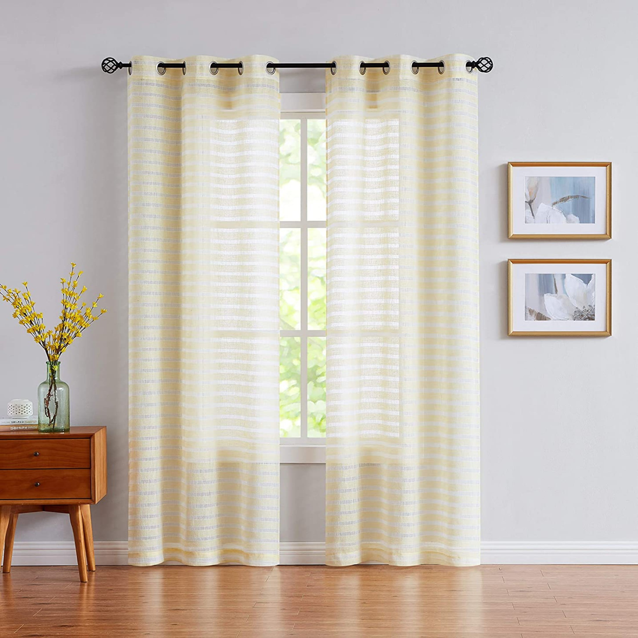 Fragrantex yellow and White Sheer Curtains Linen Horizontal Stripe  Filtering window Curtain for Living Room 40