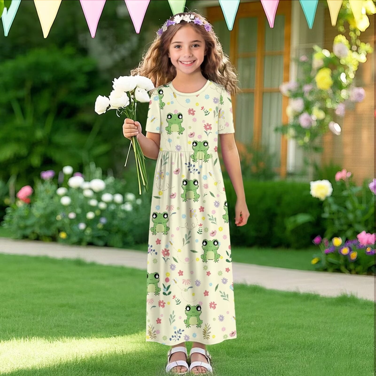 Uourmeti Girls Elegant Maxi Dress, Cute Frog Floral Printed Short Sleeves Dress with Pockets Summer Long Holiday Dresses, Size 9-10 Years