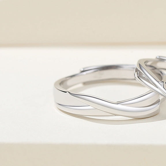 Couple Rings Set Sterling Silver with Zircon Prince and Rose Design Adjustable Opening Matching Band Anniversary
