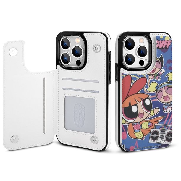 Funda tipo cartera de Las Supernenas para iPhone 14 Pro con tarjetero, tapa trasera tipo libro de piel sintética con función atril, ranuras para tarjetas, cierre magnético doble, antigolpes.