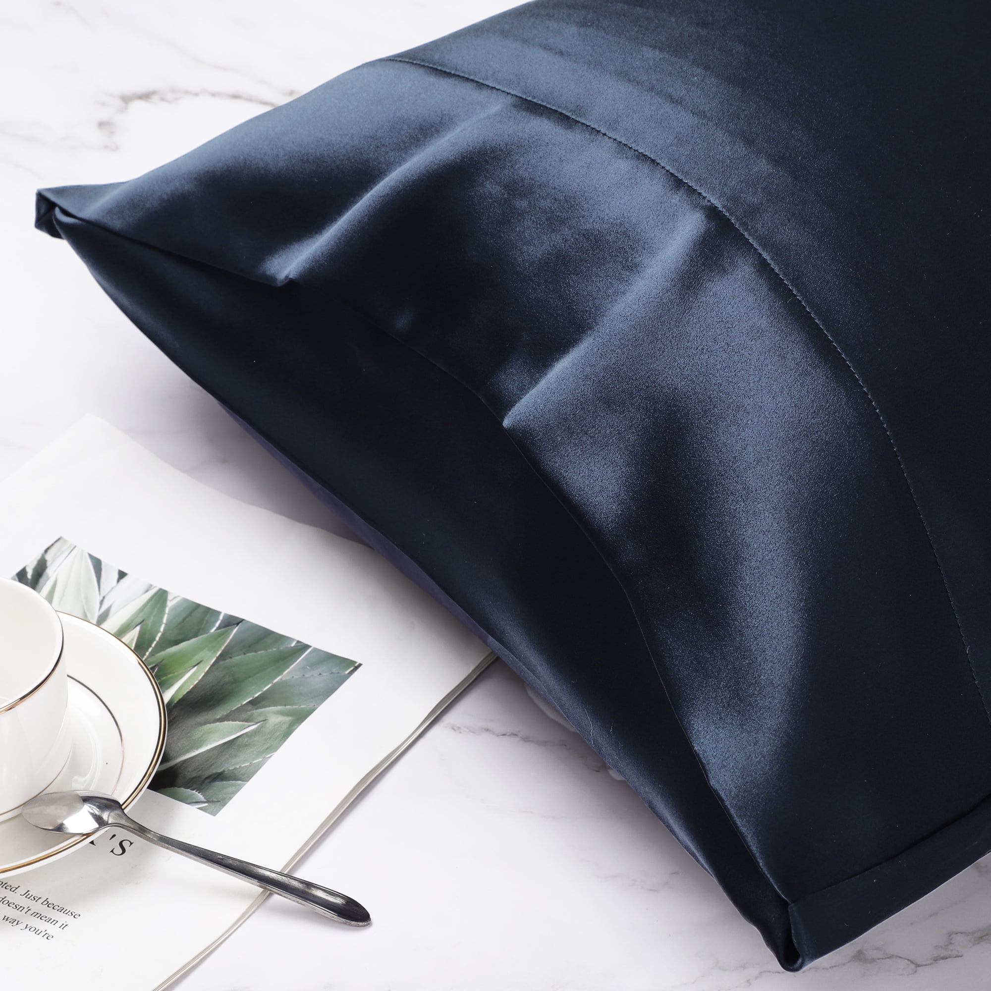 PiccoCasa 19 Momme Silk Pillowcase with Eye Cover Set Queen Navy Blue