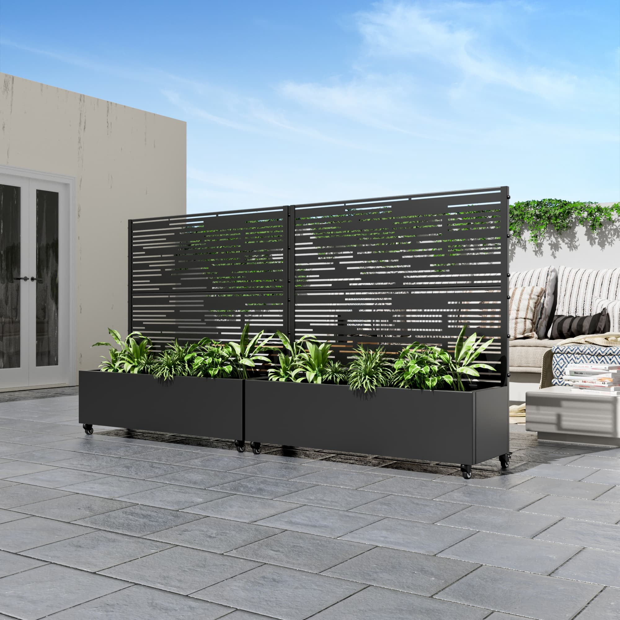 47"x47" Metal Black Rectangle Pots and Planter Raised Box with Trellis for Vine Climbing Plants