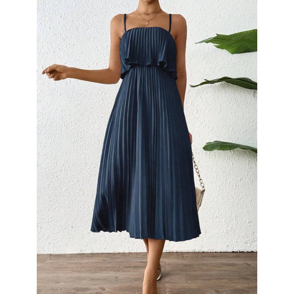 Navy Blue Sleeveless Pleated Midi Dress With Ruffle Bust For Women