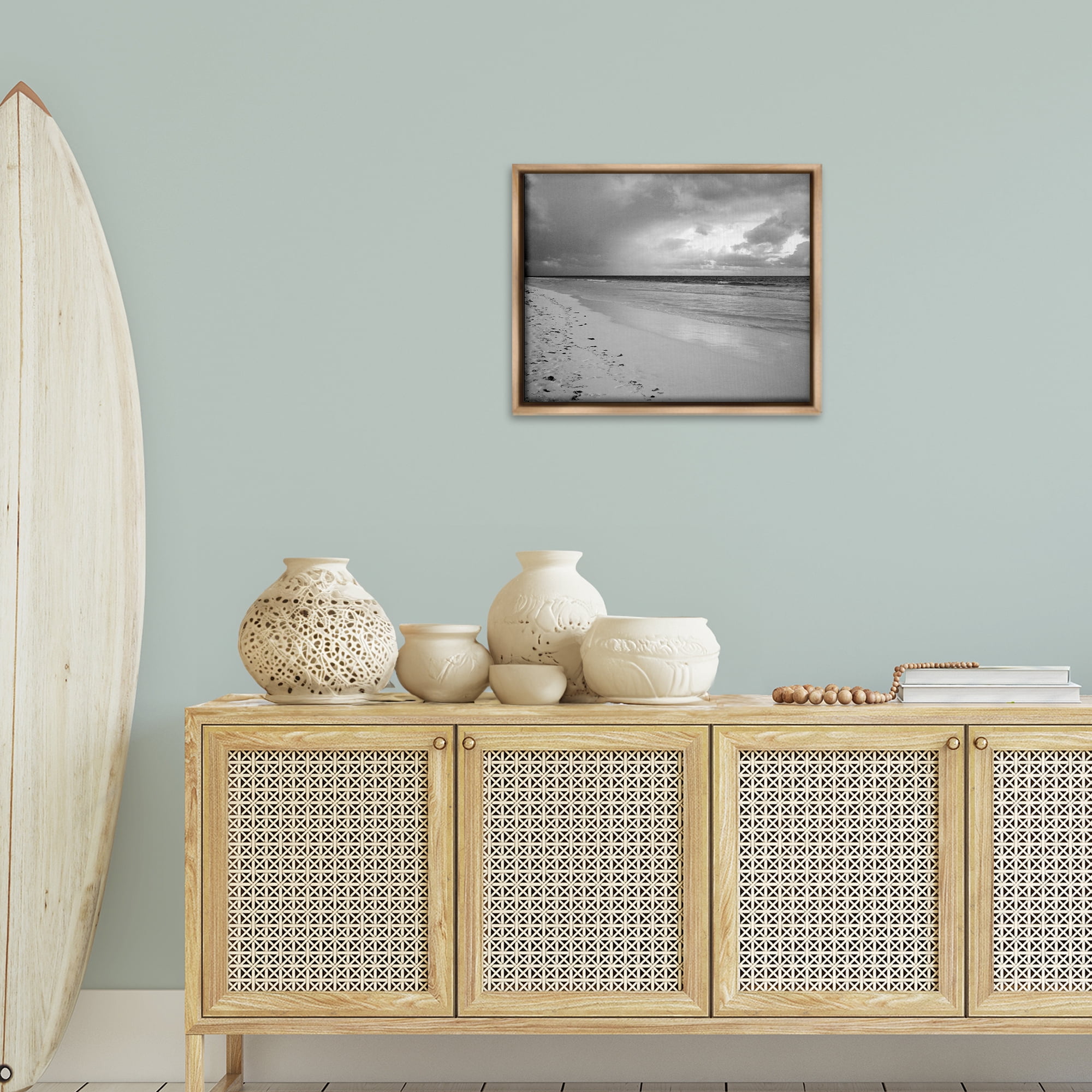 Stupell Industries Beach Shore with Footprints Coastal Photography Brown Floater Framed Canvas Art Print Wall Art, 21 x 17