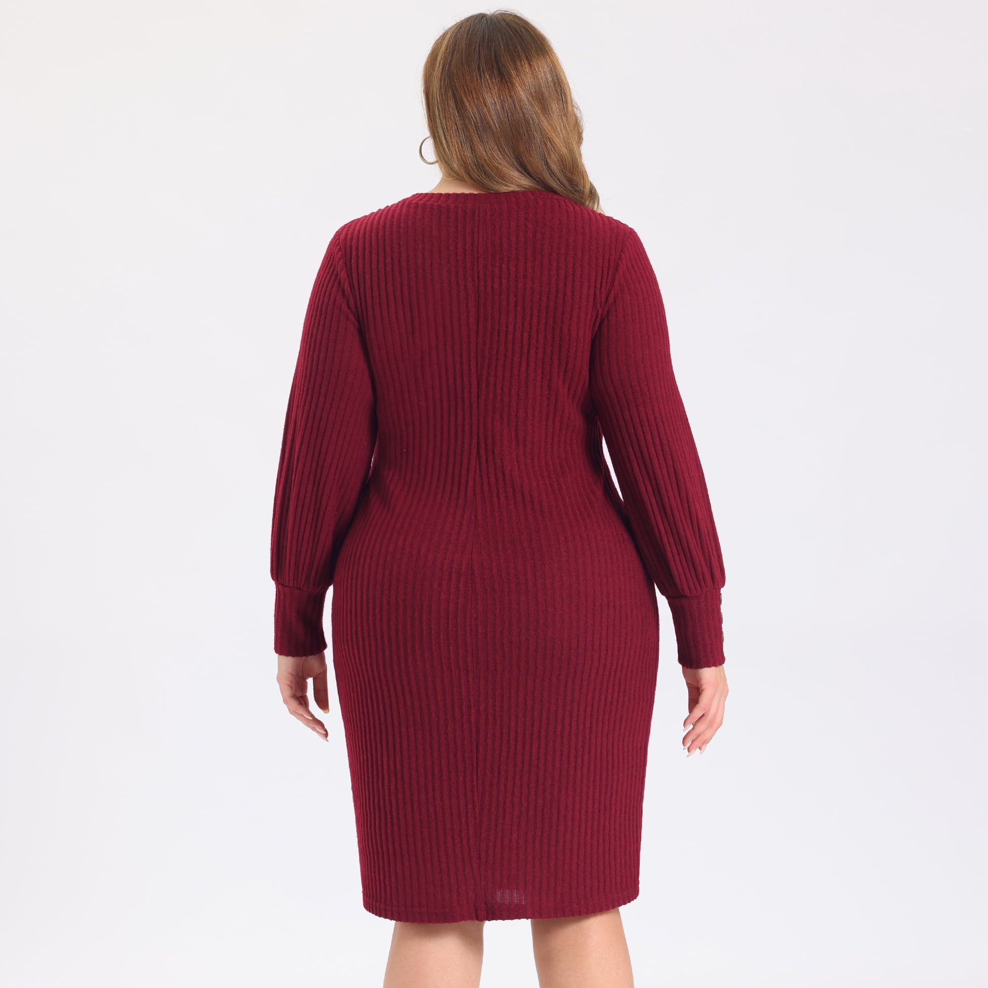 DARING DIVA Women's Plus Sweater Ribbed Knit Lantern Sleeve Dress 1X Dark Red