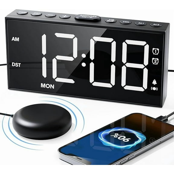 Roxicosly Loud Alarm Clock with Bed Shaker, Vibrating Alarm Clock for Heavy Sleepers/Hard of Hearing/Deaf/Teens, Dual Alarms with 7.5’’ Large LED Display, USB Charger, Dimmer, Snooze & Battery Backup