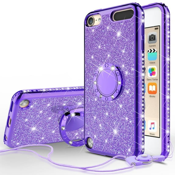 Compatible for Apple iPod Touch 6 Case, iPod Touch 5 Case, SOGA Cute Girl/Women Rhinestone Bumper Sparkling Glitter Bling Diamond Phone Cover with Magnetic Ring Stand - Purple