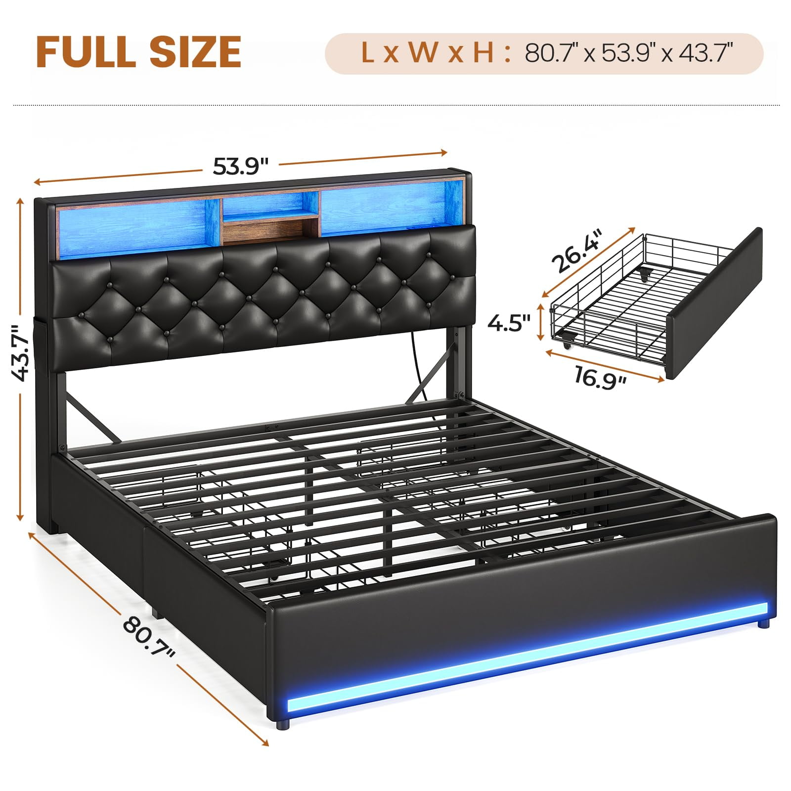 Twin Bed Frames with Drawers,Upholstered Storage Headboard,LED Bed Frame Twin with Charging Station,Black PU
