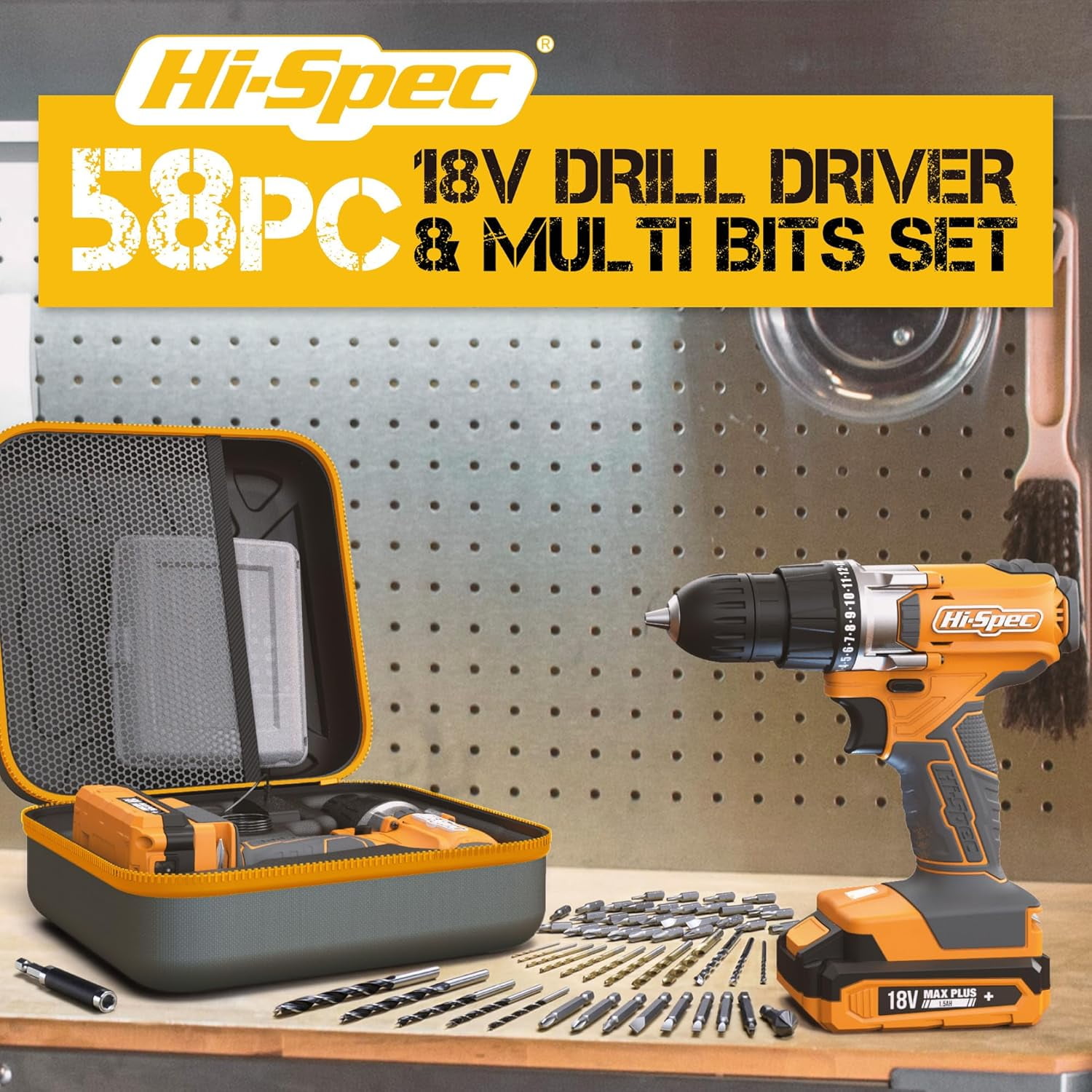 Cordless Power Drill, 18V Electric Drill with Battery And Charger, Includes Driver/Drill Bit Set for Wood, Steel and Concrete. In a Carrying Case for Home Repair, 58-Piece