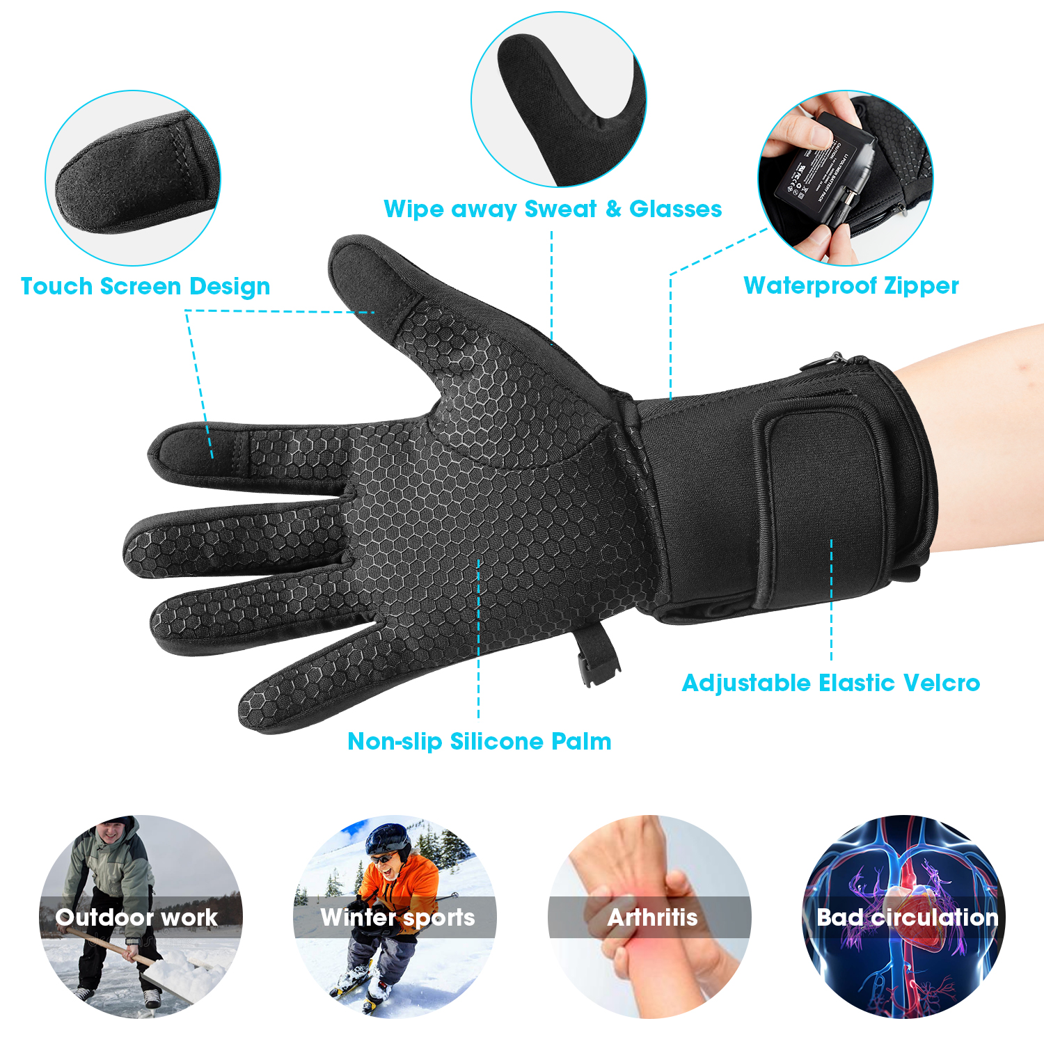 Snow Deer Liners Heated Gloves for Men Women Hand Warmer Rechargeable Electric Battery Ski Snowboarding Hiking Cycling Hunting Thin Gloves
