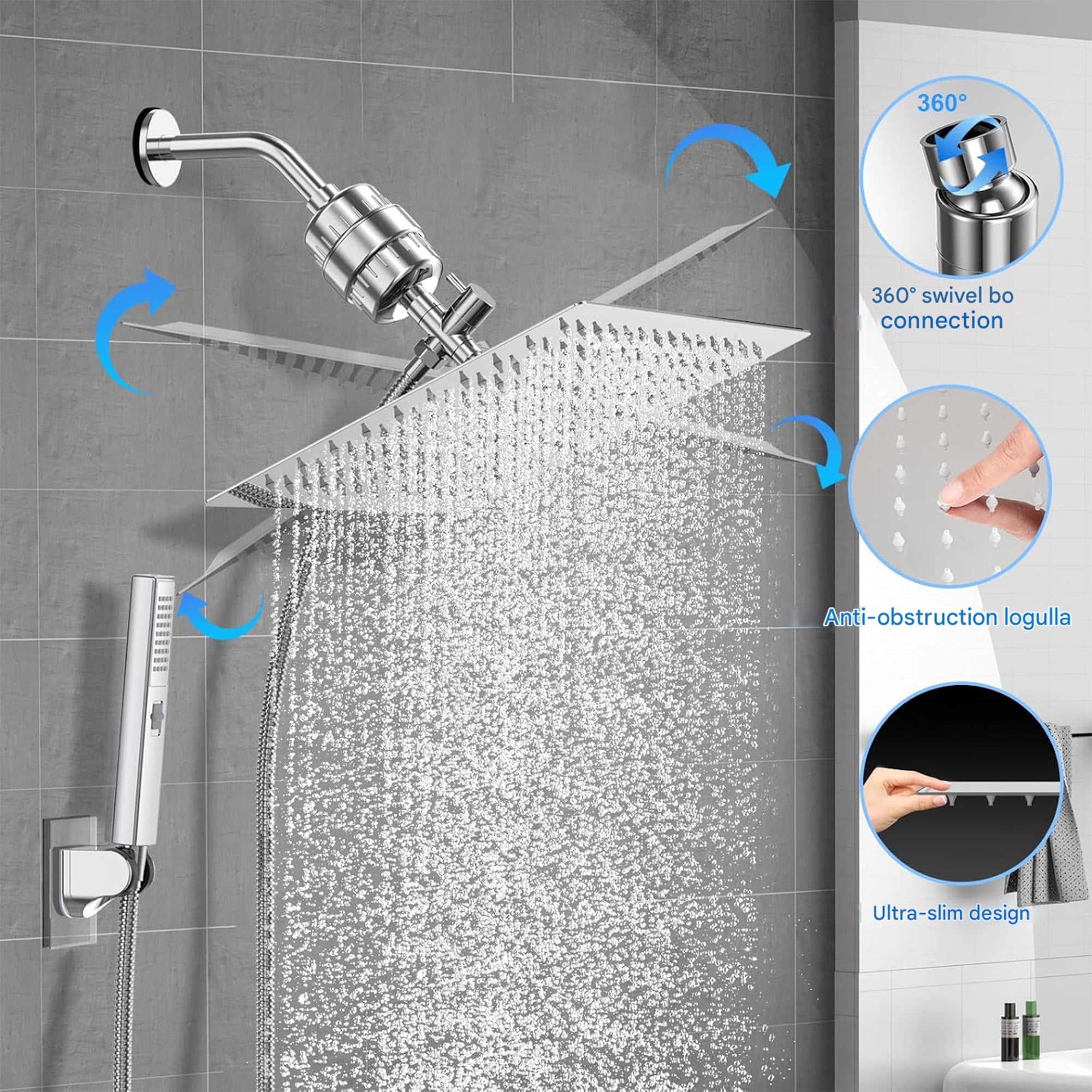 SERABETTO Filtered Shower Head, High Pressure 8″Square, 5 settings Handheld Rain Shower Filter Combo with Self-adhesive Holder/1.5M Hose -1 Replaceable Filter Cartridge (Chrome Finish)