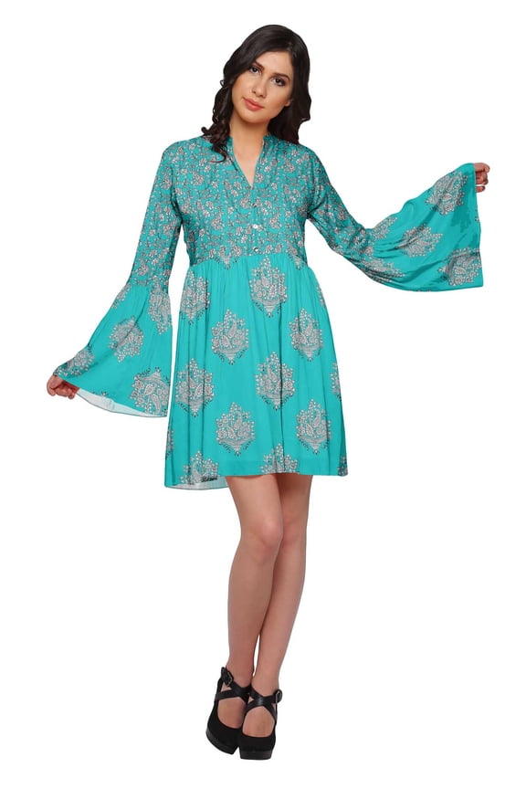 Long Bell Sleeve Dress For Women Casual Printed Summer Pleated Kurta