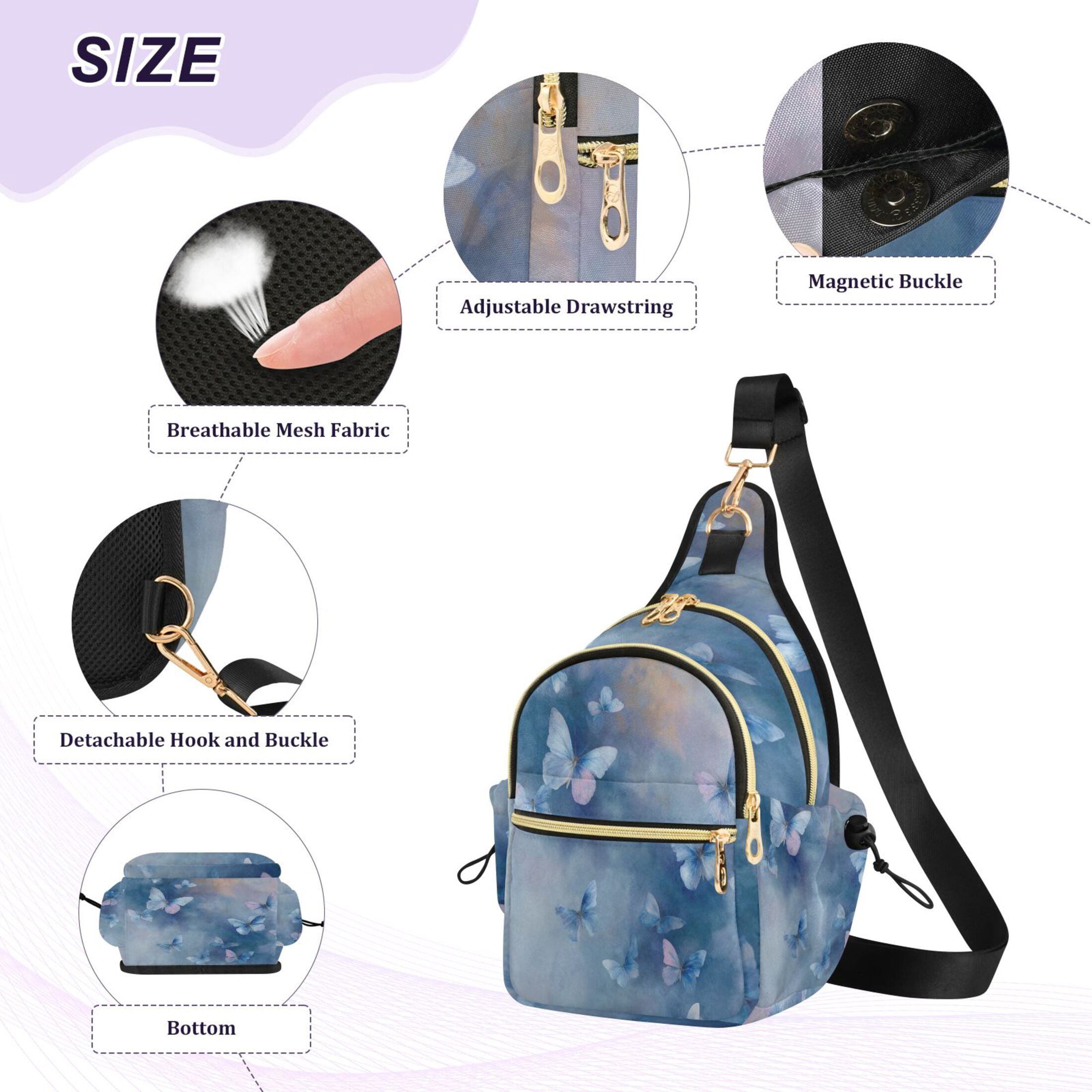 Crossbody Sling Bag for Women Shoulder Purse Trendy Daypack with Adjustable Strap Blue Butterflies Flying
