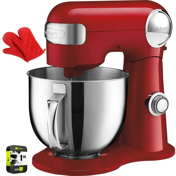Cuisinart SM-50R 5.5-Quart Stand Mixer Ruby Red Bundle with Deco Chef Pair of Red Heat Resistant Oven Mitt and 1 Year Extended Protection Plan