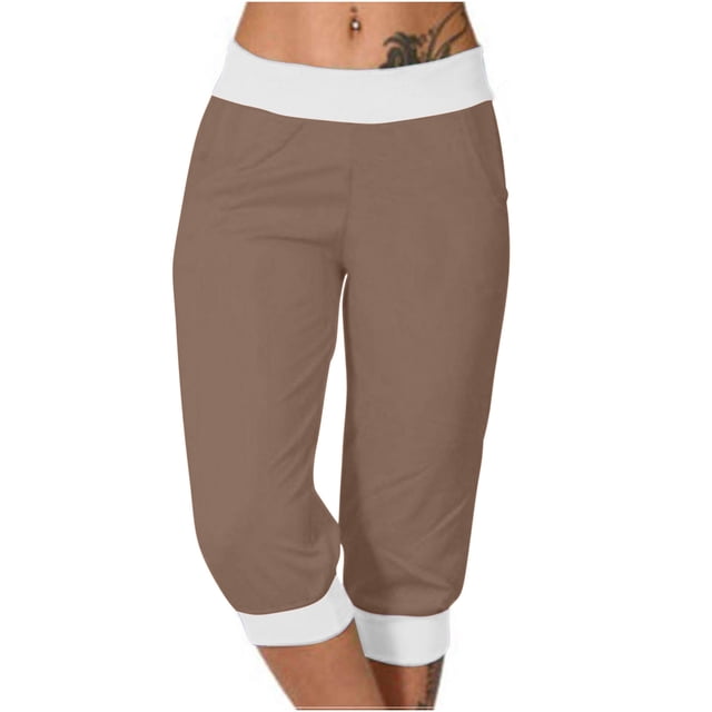 Womens Jogger Capris Pants Cropped Jogger Running Pants Loungewear Loose Fitting Drawstring Sweatpants with Side Pockets Womens High Waisted Pants Brown 3XL