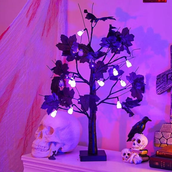 MInHoues 23 Inch Black Maple Lighted Table Tree, Battery Operated Mini White Ghost LED Decor Tree for Halloween Tabletop Mantel Ornament Holiday Party Decor