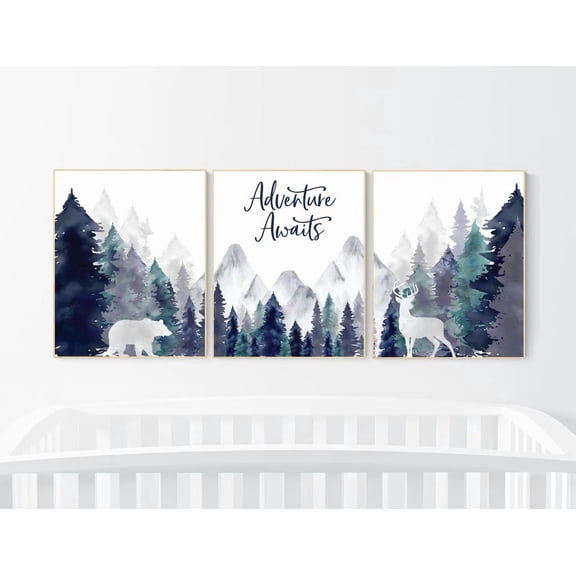 UNFFRAMED Nursery Decor Woodland, Mountain Wall Art, Tree Nursery Decor, Adventure Theme Nursery, Forest Nursery, Navy Teal #555 Set 3 Prints 12x18