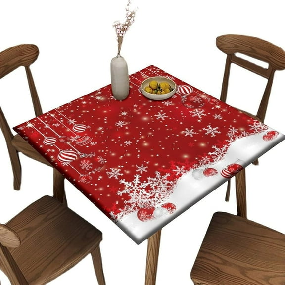 Fitted Elastic Edge Square Tablecloths, Red Christmas Snowflake Polyester Table Cloth, Great for Outdoor Home Kitchen/Parties/Holiday Dinner, Fit for 32" x 32"Square Table