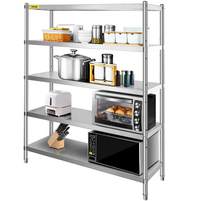 VEVOR Étagère en Acier Inoxydable 60x18,5 Pouces 5 Niveaux Étagère Réglable Unité de Rangement Étagère en Acier Inoxydable Robuste pour Cuisine Commercial Bureau Garage Rangement 330 Lb par Tablette
