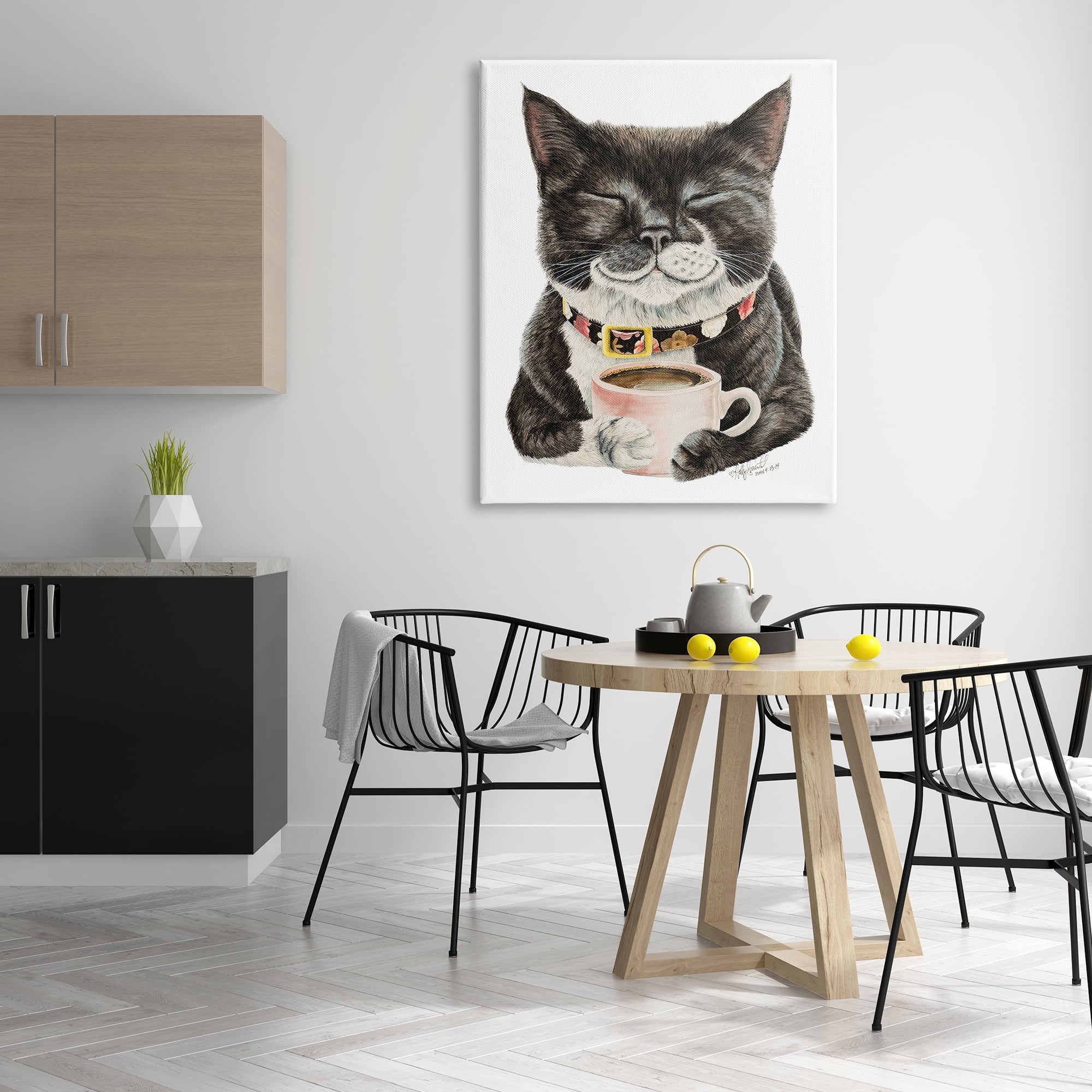 Stupell Industries Smiling Cat & Coffee Mug Animals & Insects Painting Gallery Wrapped Canvas Print Wall Art, 36 x 48