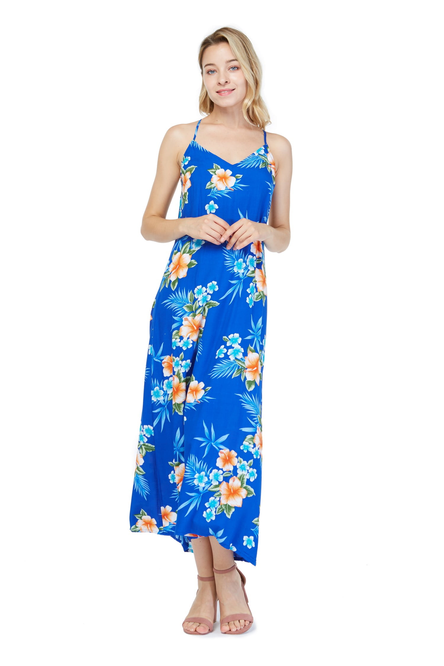 Tropical Luau Dress Sundress Cruise Beach Elastic Short Sleeve Elegant Blue 