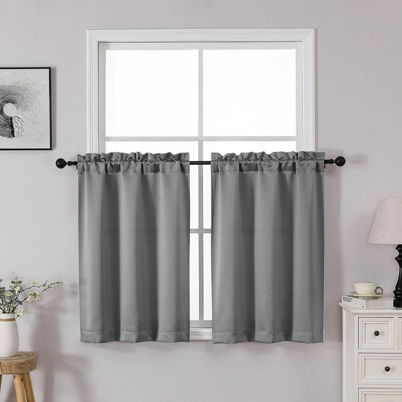 shiyou-Heidi Grey Kitchen Tiers 30 Inch Length 2 Panels Set for Dining Room, Light Filtering Curtains for Bathroom, Basement, Small Rooms, Rod Pocket Solid Curtain, 2 Pcs, Each 30" W x 30" L