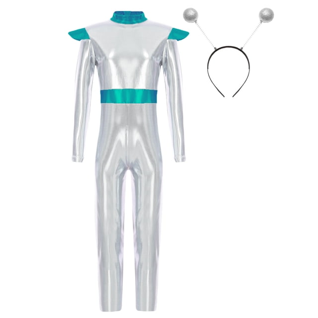 iiniim Kids Girls Shiny Metallic Unitards Full Body One Piece Halloween Alien Costume with Headband Silver 8