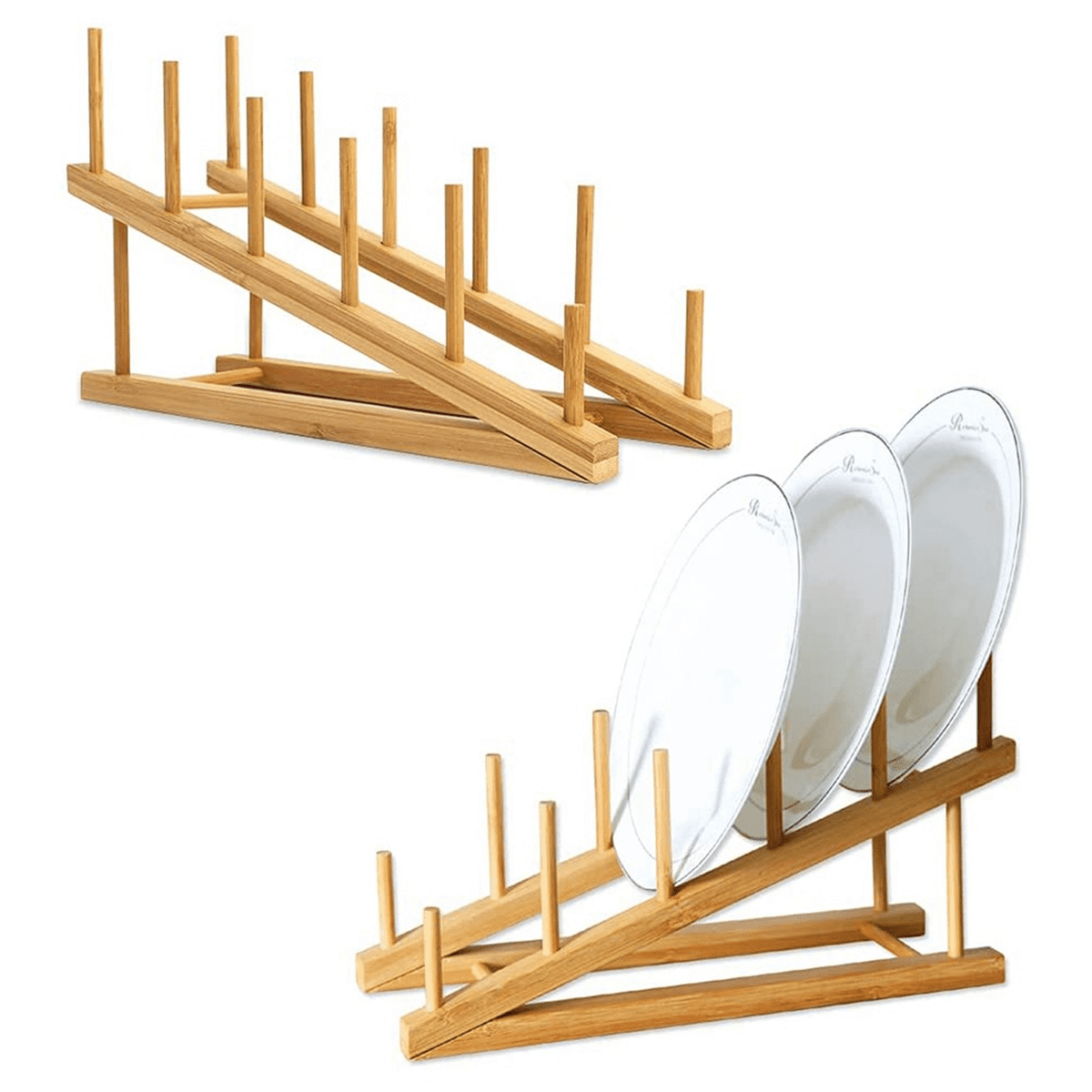 4 PCS Wooden Dish Rack Bamboo Plate Rack Stand Pot Lid Holder, Dish Drying Rack Kitchen Cabinet Organizer for Dish Plate,4 x Dish Rack,Wood color