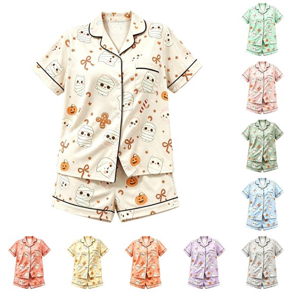 Gunia Halloween Pajamas For Kids Girls 2 Piece Spring Fall Casual Lapel Button Up Short Sleeve Tops And Shorts Home Wear Pjs Sleepwear Light Yellow 9-10 Years