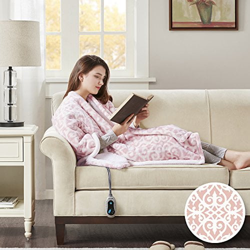Beautyrest Ultra Soft Sherpa Berber Fleece Electric Poncho Wrap Blanket Heated Throw with Auto Shutoff, 50' W x 64' L, Blush Lattice