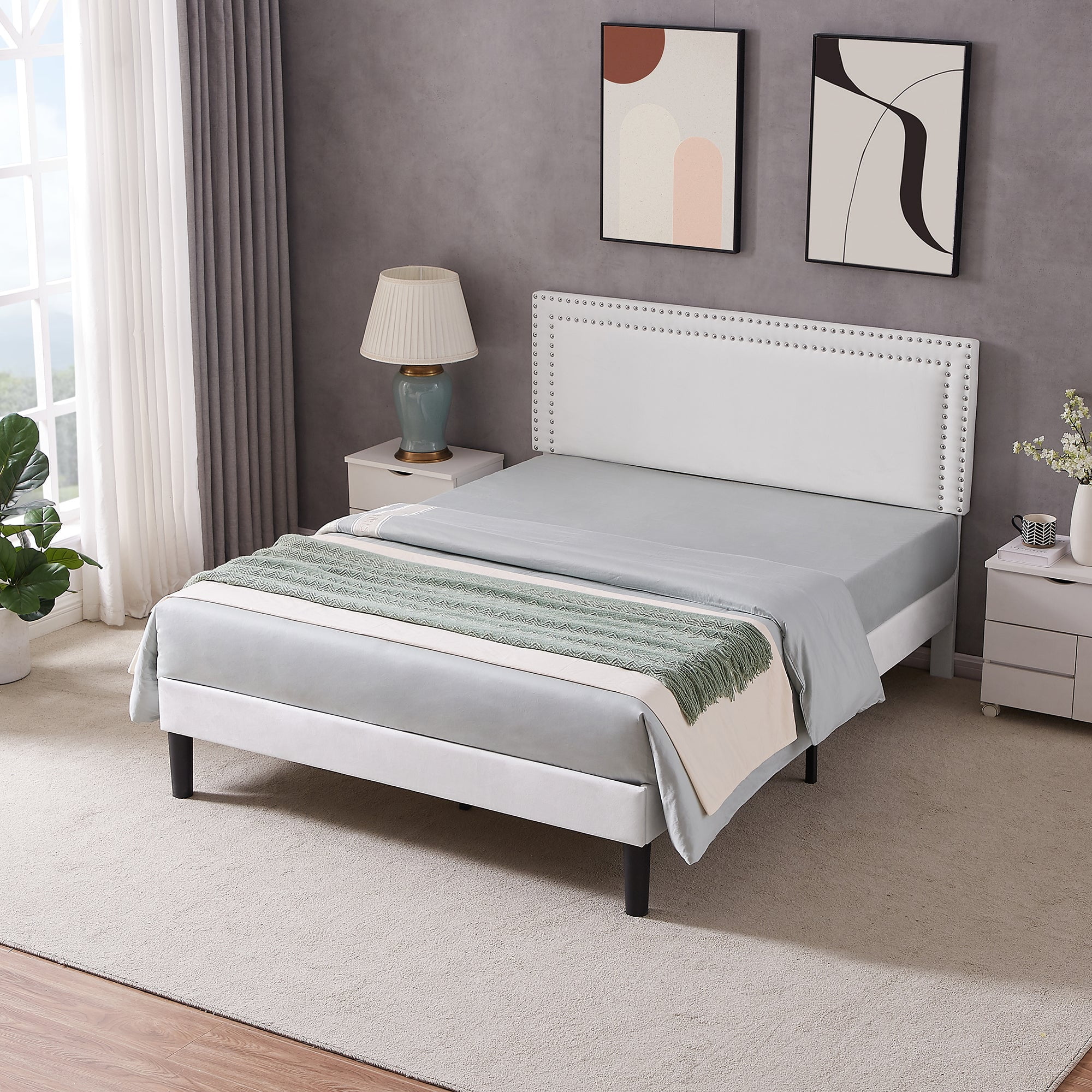 Katkuca Full Bed Frame, Upholstered Queen Size Platform Bed Frame with Adjustable Headboard, Strong Wood Slat Support, No Box Spring Needed, White
