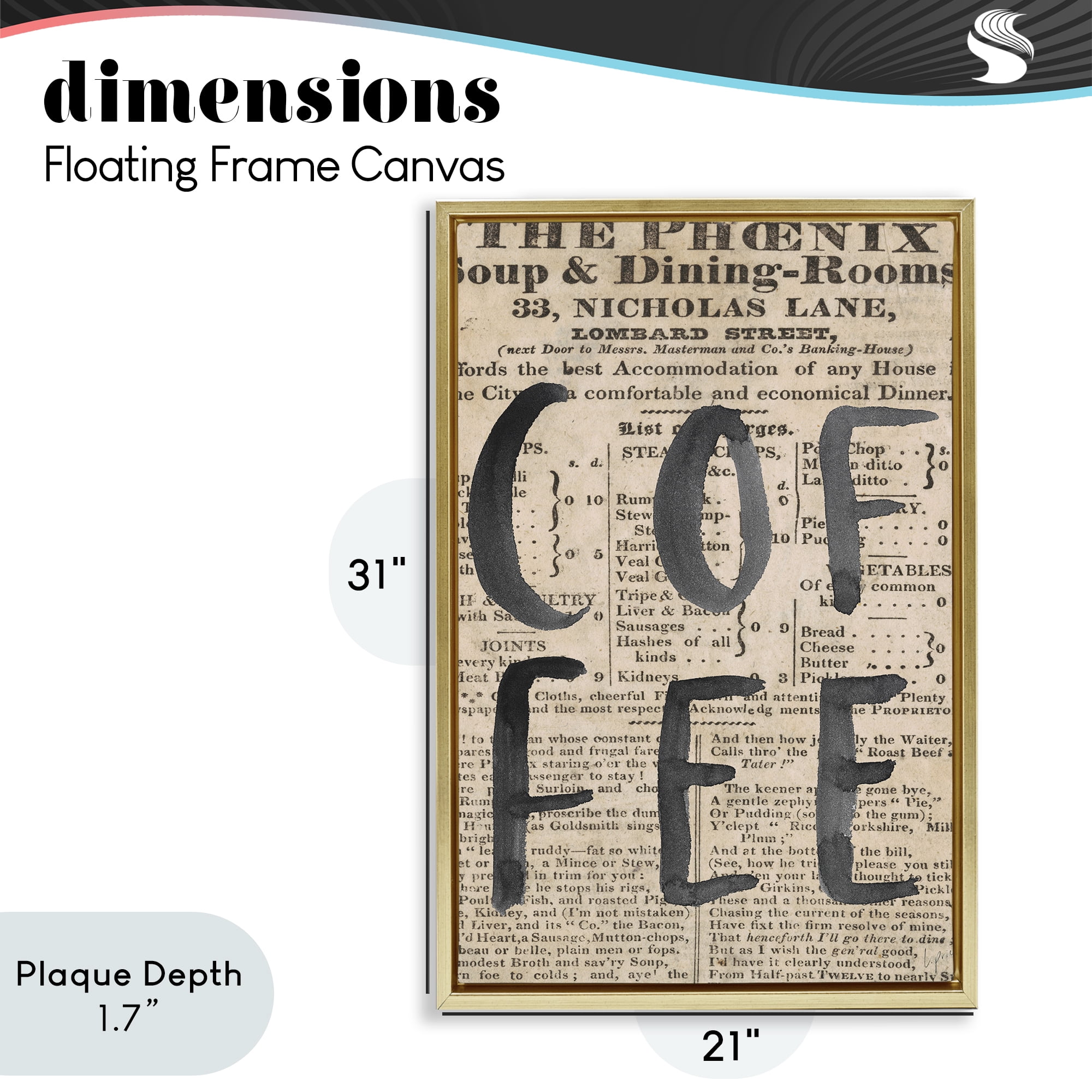 Stupell Industries Vintage Coffee Newspaper Gold Framed Floater Canvas Wall Art, design by Lucille Price