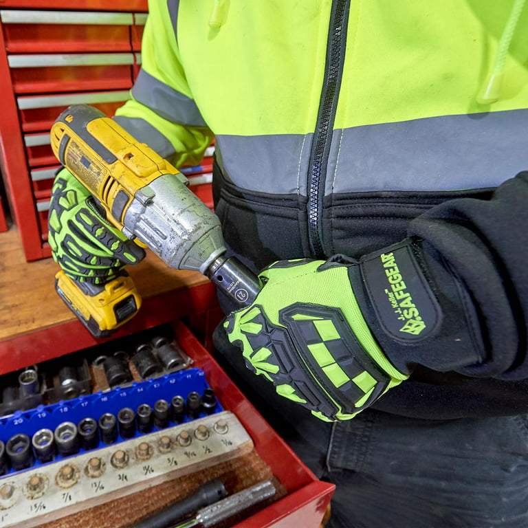 SAFEGEAR Impact-Reducing Mechanics Gloves Large, 1 Pair - EN388 & ANSI  Level A1 Cut-Resistant Black & Lime Green Work Gloves for Men and Women 