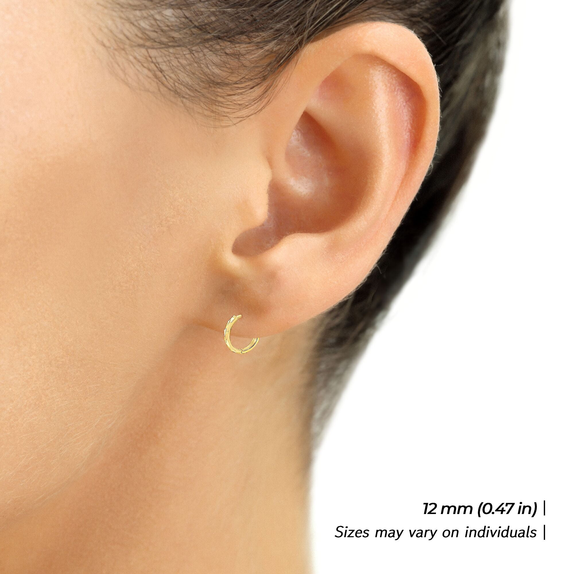Tilo Jewelry 14K Yellow Gold Round Huggie Hoop Earrings with Diamond-Cut Engraving | 12mm Small | Dainty Everyday Earrings for Women, Men, Unisex