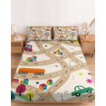 thumbnail image 2 of Queen Size Fitted Sheet Set - Cars Buses 3 Piece Bedding Sets 16" Deep Pocket Fitted Sheet with 2 Pillowcases, Cartoon Brown City Street Map Traffic Educational Brushed Microfiber Hotel Bed Sheets, 2 of 9