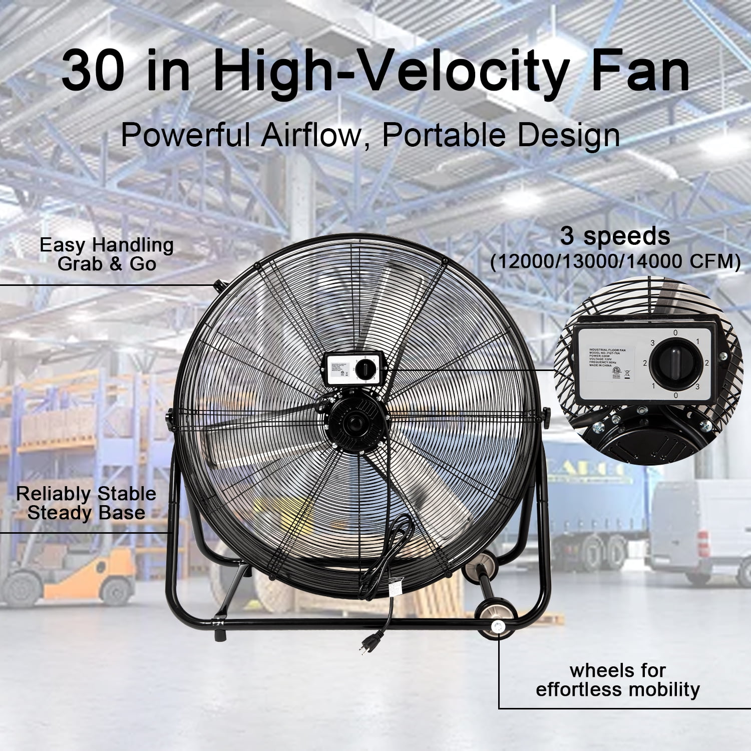 30" Industrial Fans for 14000 CFM, High Velocity Fan with 3 Speeds, Heavy Duty Blower Fan Equipped 360° Tilt Air Circulator Used in Warehouse, Garage, Yard
