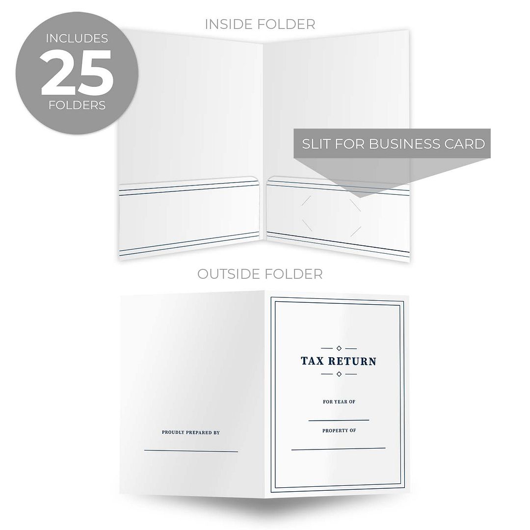 Professional Navy Border Tax Return Folders / 25 Sleek Blue And White 2 Pocket Folders / 9" x 12" Fill In Tax Return Presentation Folder / Made In The USA