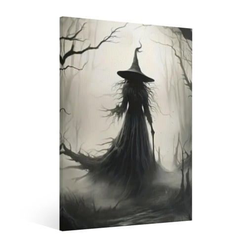 Vintage Halloween Witch Canvas Wall Art Painting, Retro Horror Creepy Dark Poster, Halloween Gothic Artwork Picture Print Decor, Spooky Ghost Wall Decor for Bar Living Room Bedroom Party Framed