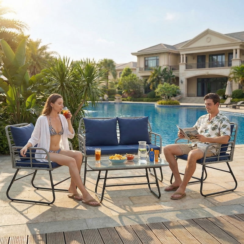 Gianna 4 Piece Patio Furniture Set, Outdoor Patio Seating Set for Apartment Balcony, Space-Saving Rattan Conversation Set with Loveseat and Side Table for Patio, Front Porch, Gray