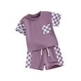 thumbnail image 2 of Yunliwuli Infant Girls Summer Clothes Outfits Checkerboard Patchwork Crew Neck Short Sleeve T-Shirts and Elastic Waist Shorts Suit, 2 of 10