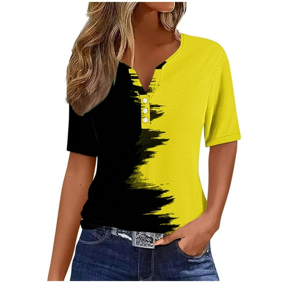 Puntoco Women tops for Summer Women's Summer Printed Button V-neck Short Sleeved Casual Loose Spring Printed Top Short Sleeved V-neck Top/shirt Yellow 10(XL)