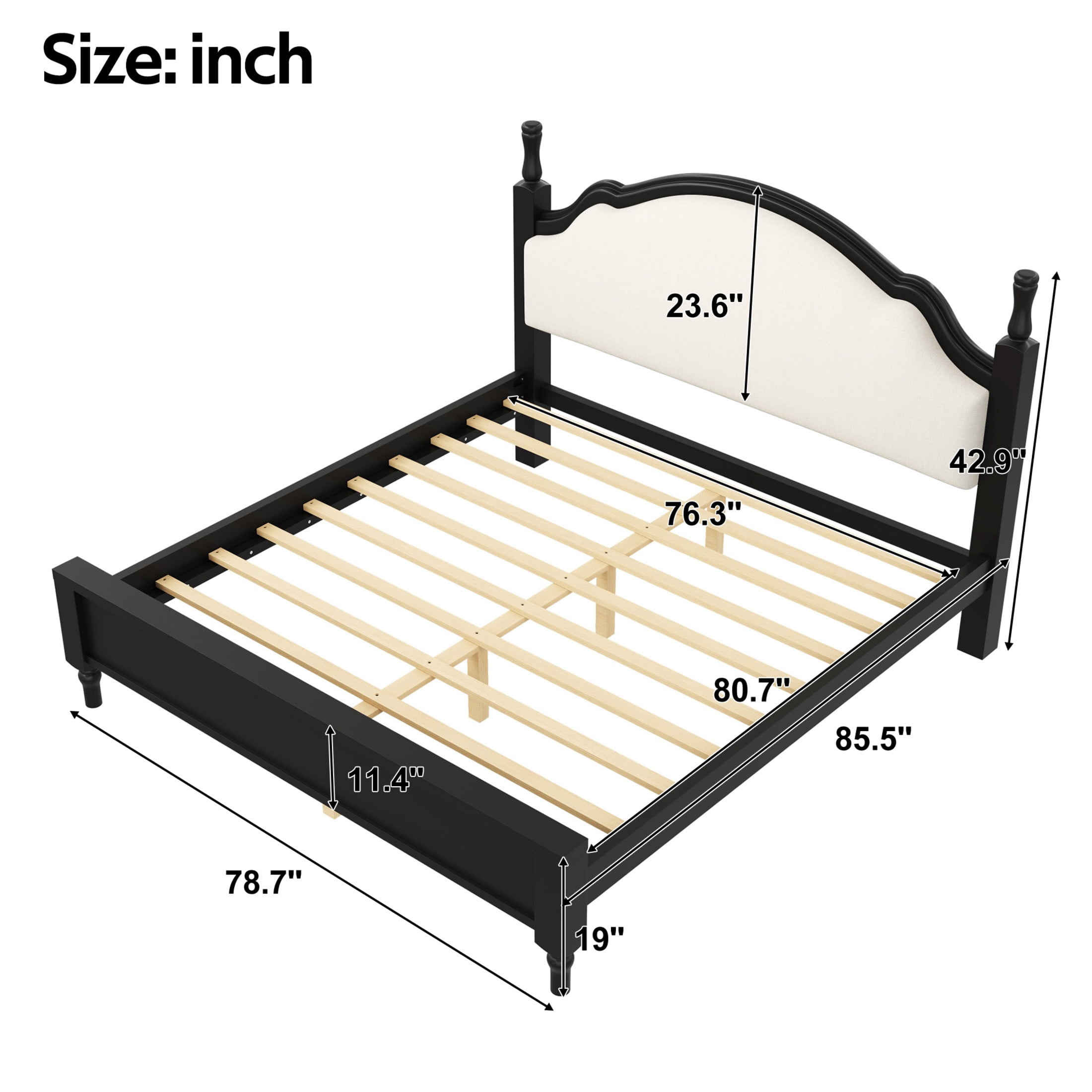 Noble House Caldon King Size Platform Bed, Pine Wood Frame with Curved Upholstered Headboard, Beige and Black