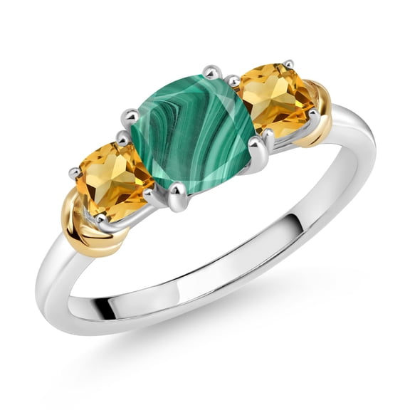 Gem Stone King 925 Sterling Silver and 10K Yellow Gold Green Malachite and Yellow Citrine 3 Stone Engagement Ring for Women (2.10 Cttw, Cushion Cut 6MM and 4MM, Available in Size 5, 6, 7, 8, 9)