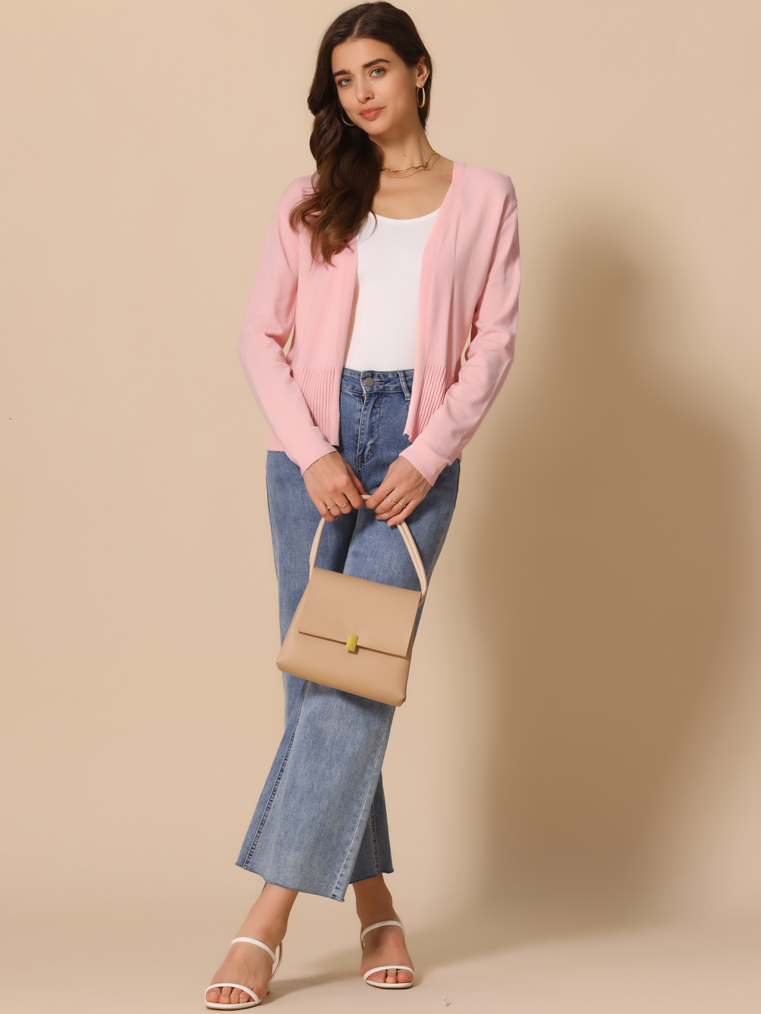 DARING DIVA Women's Open Front Long Sleeve Knit Cropped Cardigan XS Pink