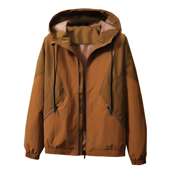 Men's Casual Sports Jackets Vintage Zipper Solid Color Drawstring Coat with Pocket Long Sleeved Loose Pull Rope Hooded Casual Jacket