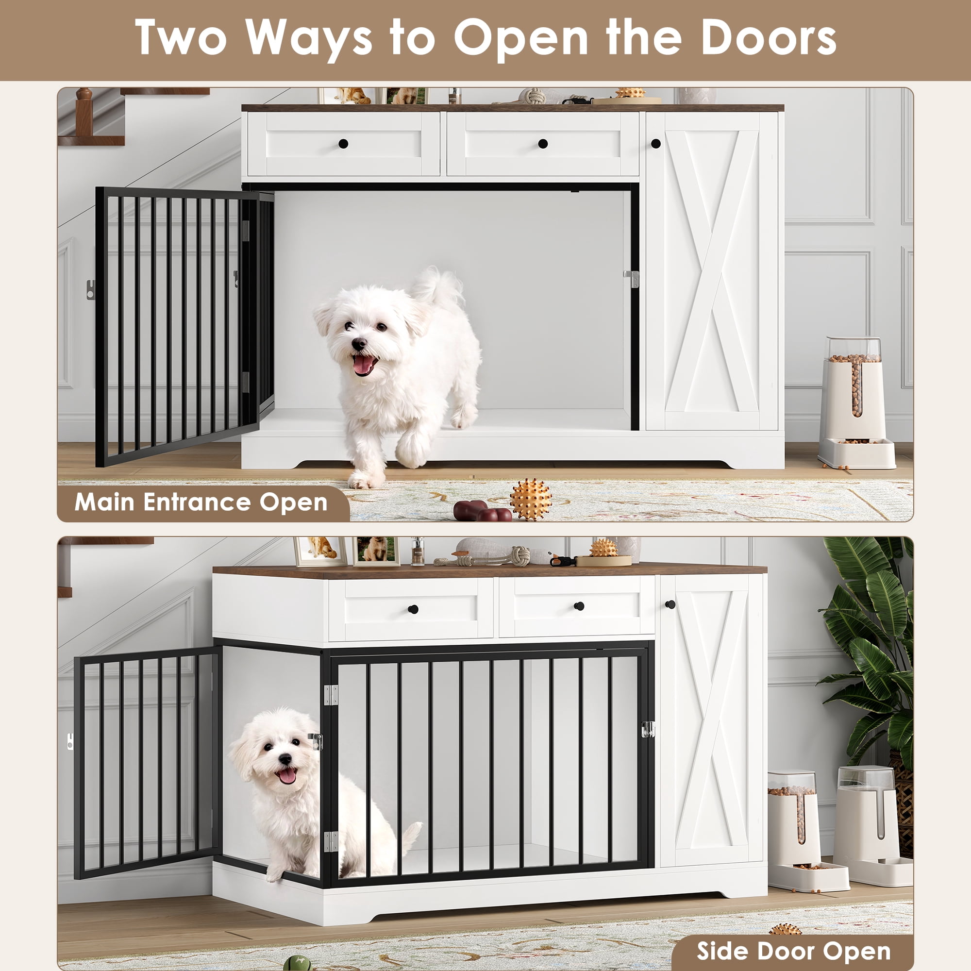 Homfa Dog Crate with Storage Cabinet and 2 Drawers, Indoor Furniture Style Wooden Large Dog Kennel, White