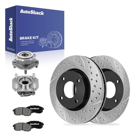 AutoShack Front Vented Drilled & Slotted E-Coated Brake Rotors   Ceramic Pads   Hub Bearing Assembly 8-PC Brake Kit Replacement for 2007-2010 Nissan Sentra ShadowGuard 11.02" (279.8 mm)