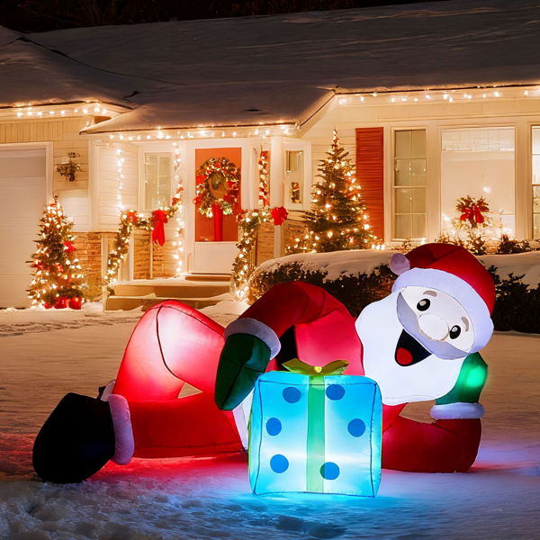 Alvantor 7 ft Lighted Christmas Inflatable, Lying Santa with Gift Box and 7 White LEDs, Outdoor Yard Decor